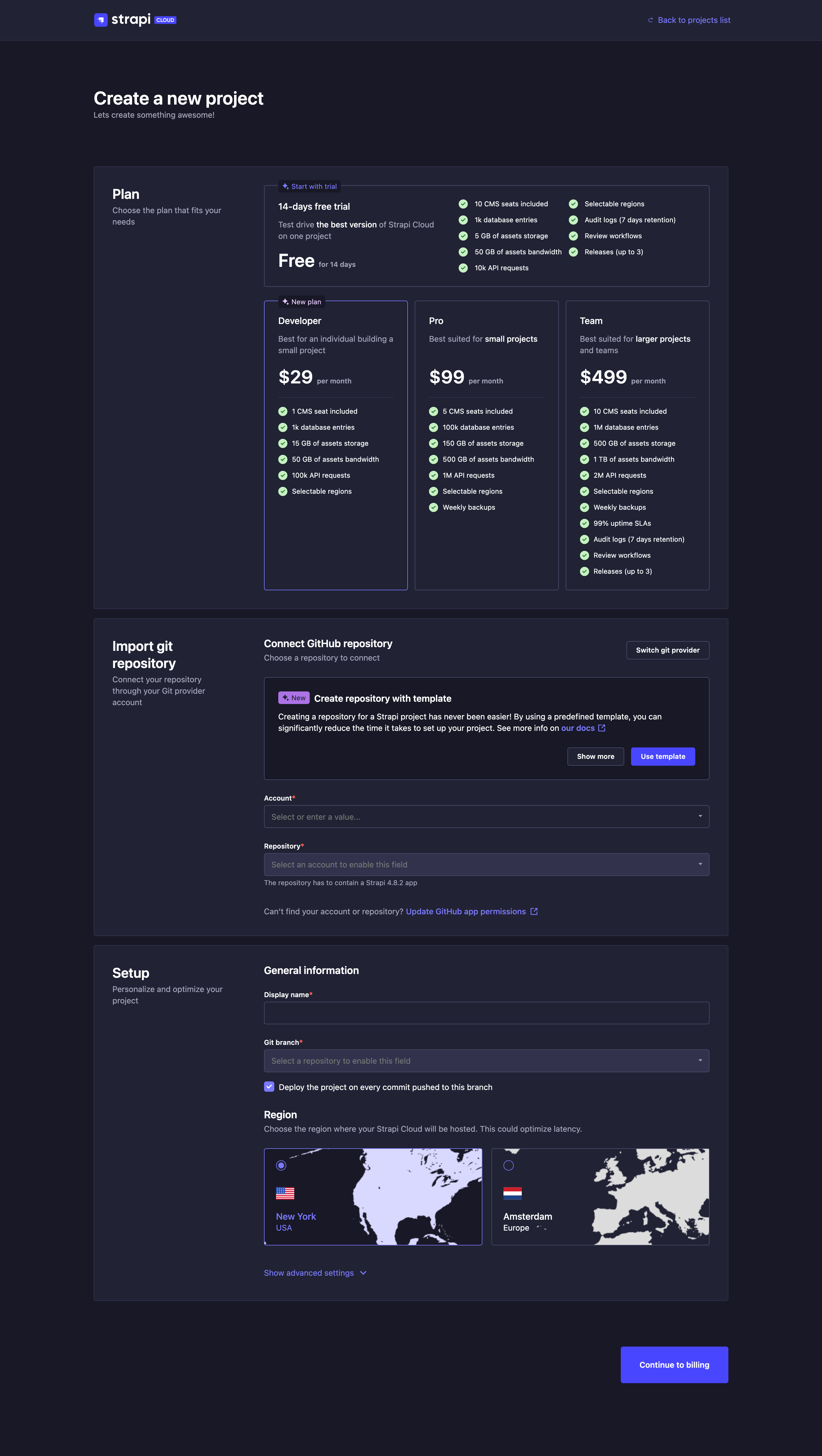 Strapi Cloud project creation, step 1